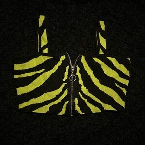 Rehab Lab black + neon green zebra print zip up crop top💚🖤